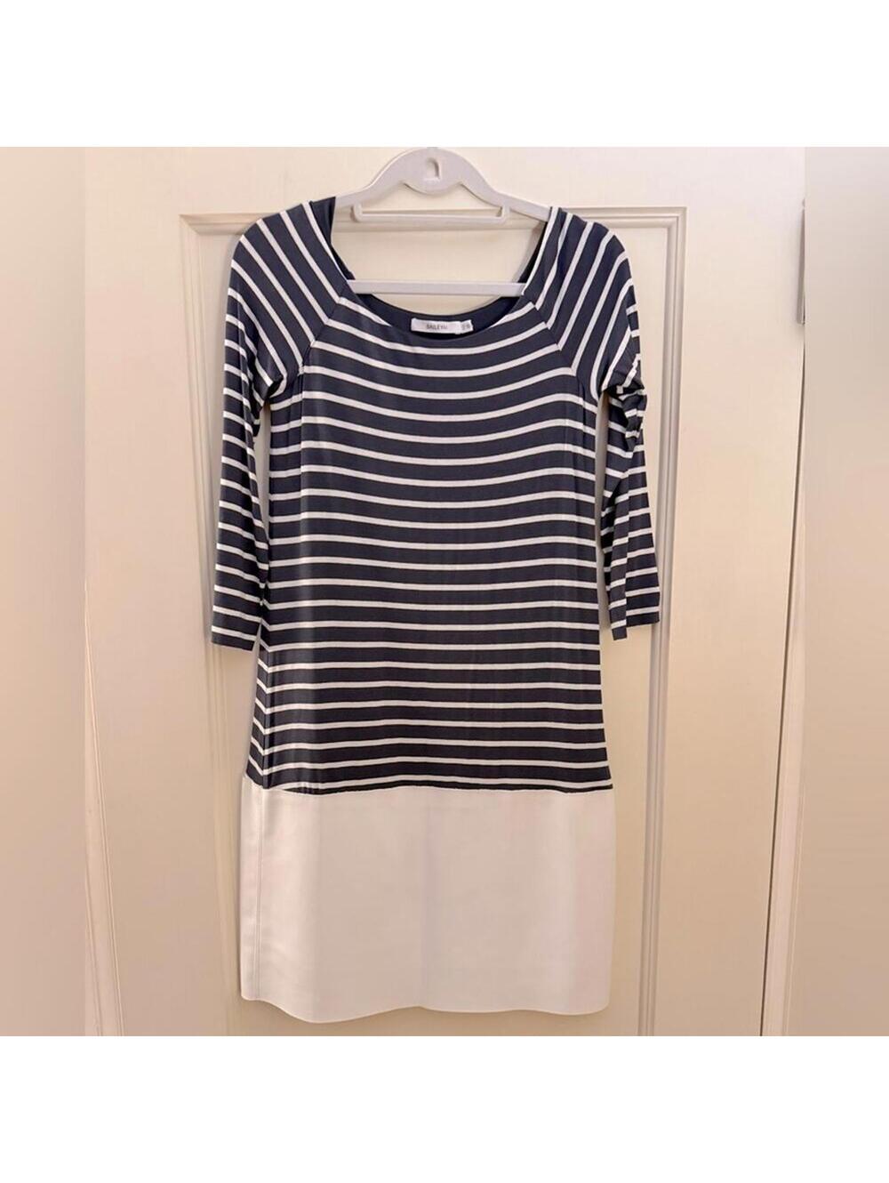 Bailey 44 navy & white 3/4 sleeve T-shirt dress w faux leather skirt bottom XS